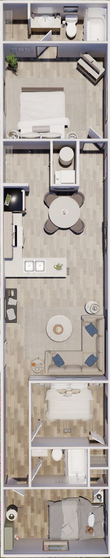 Furnished overhead rendering of The Hickory floor plan, oriented vertically