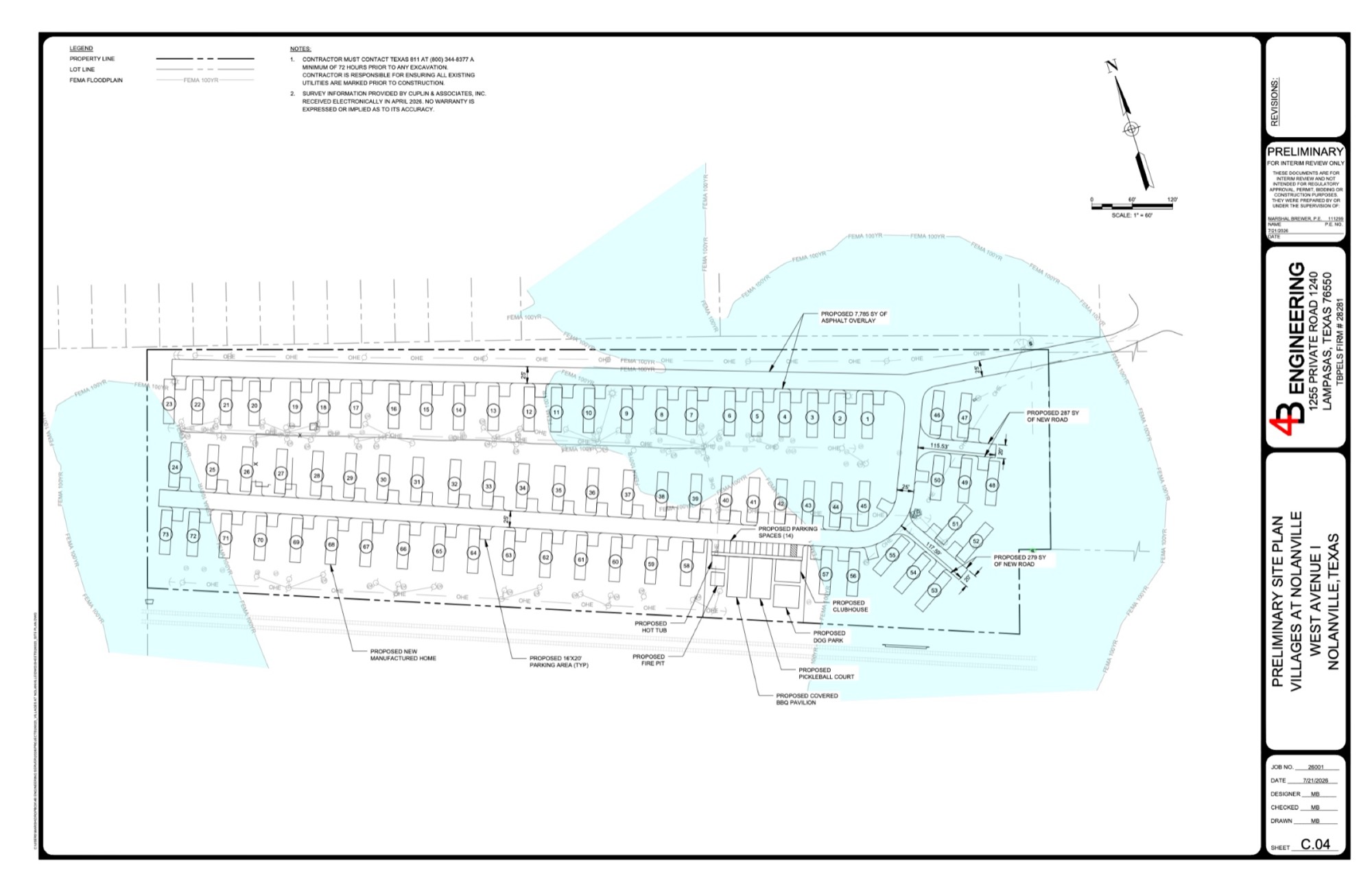 Preliminary site plan for Villages at Nolanville showing 72 homesites, the clubhouse, pickleball court, dog park, and fire pit